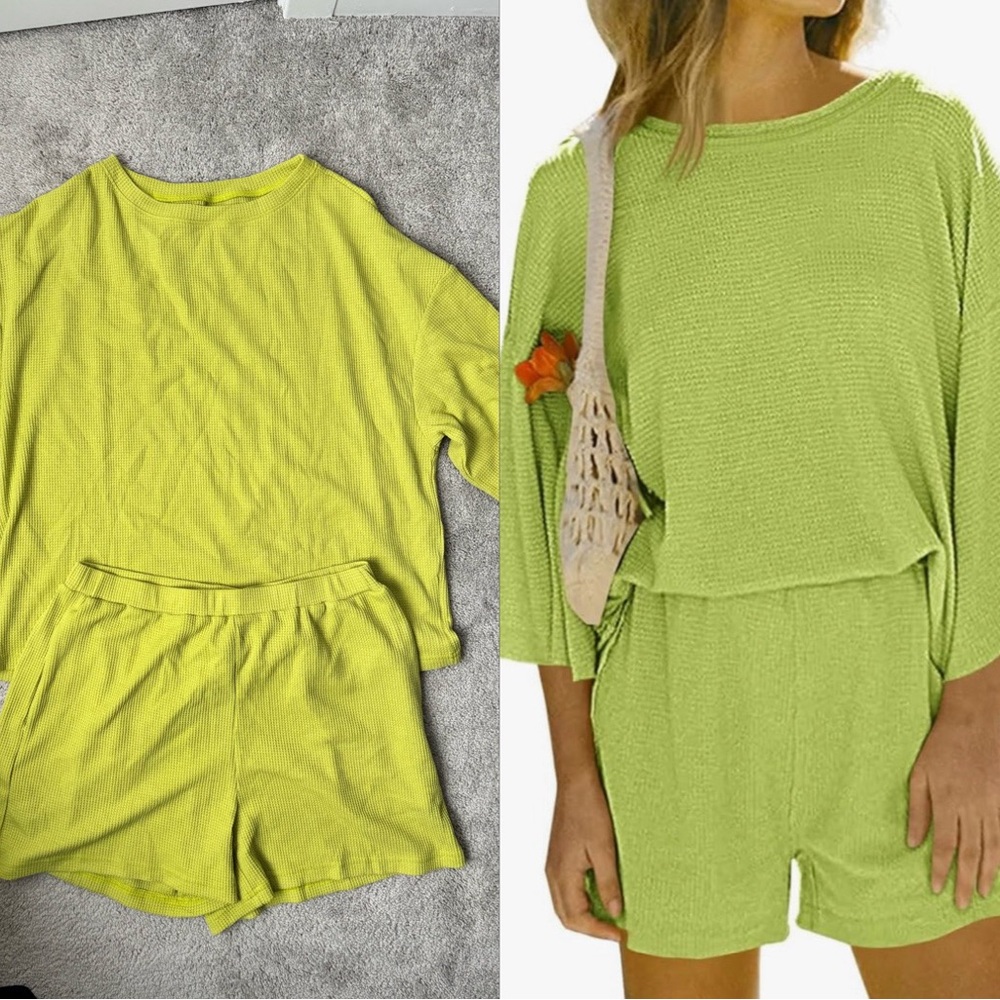 Lime Green Waffle Knit Lounge Set — Size L
